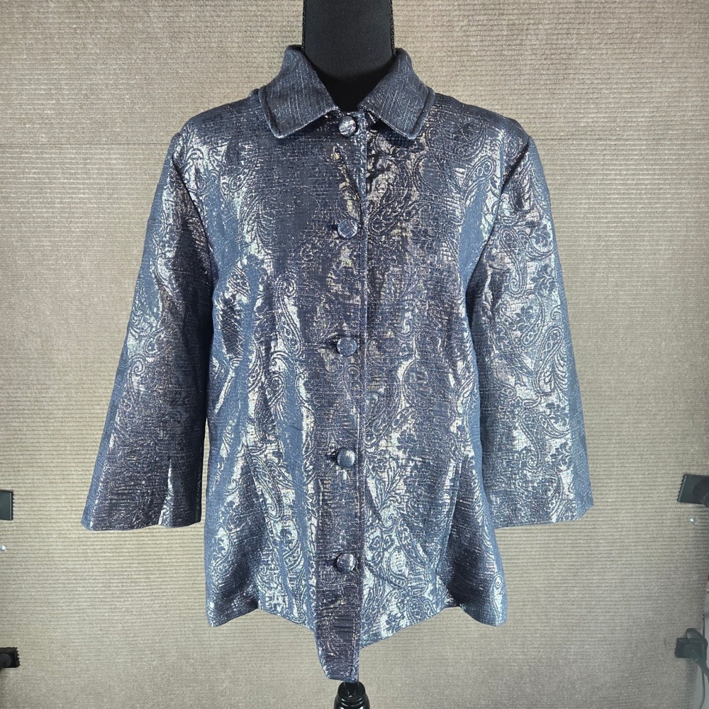 Alfred Dunner Womens 14 Blue Silver Metallic Paisley Jacquard Button Jacket